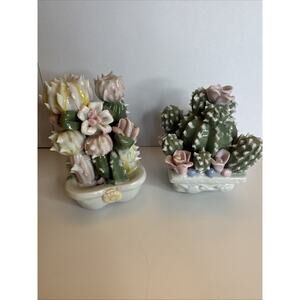 Mini Ceramic Cactus Figurines Set Floral Hand Painted Succulent Decor Boho